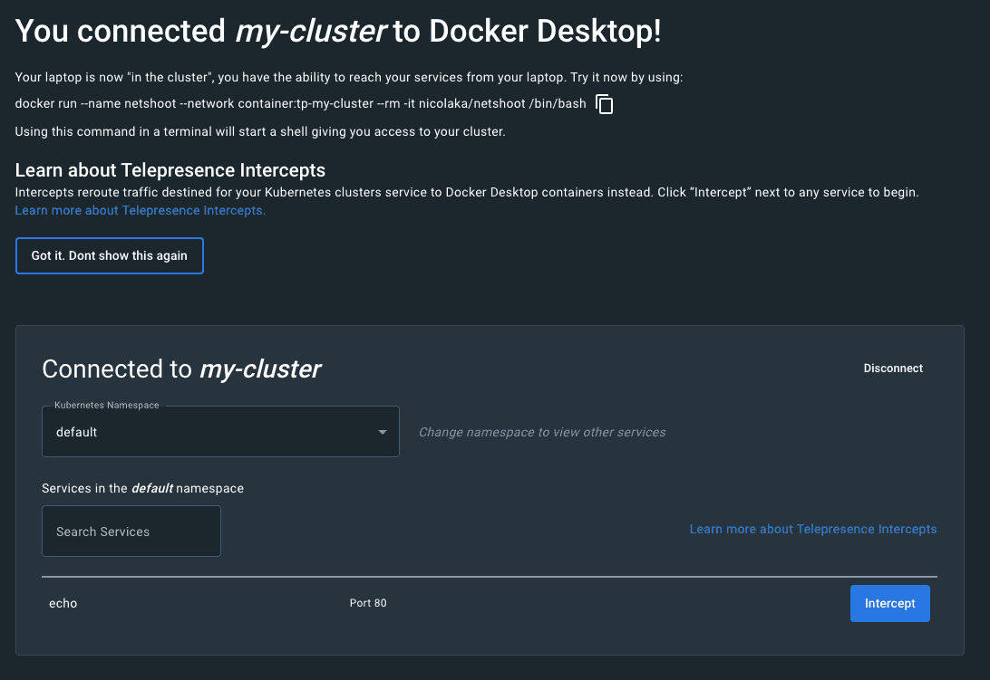 docker extension start intercept page